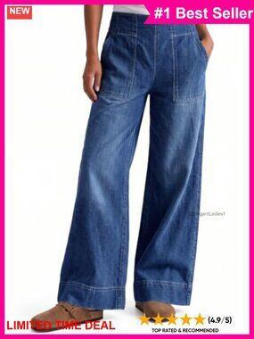 Wide Leg Baggy Jeans Soft Rigid Denim Pull On Elastic Waist Pants